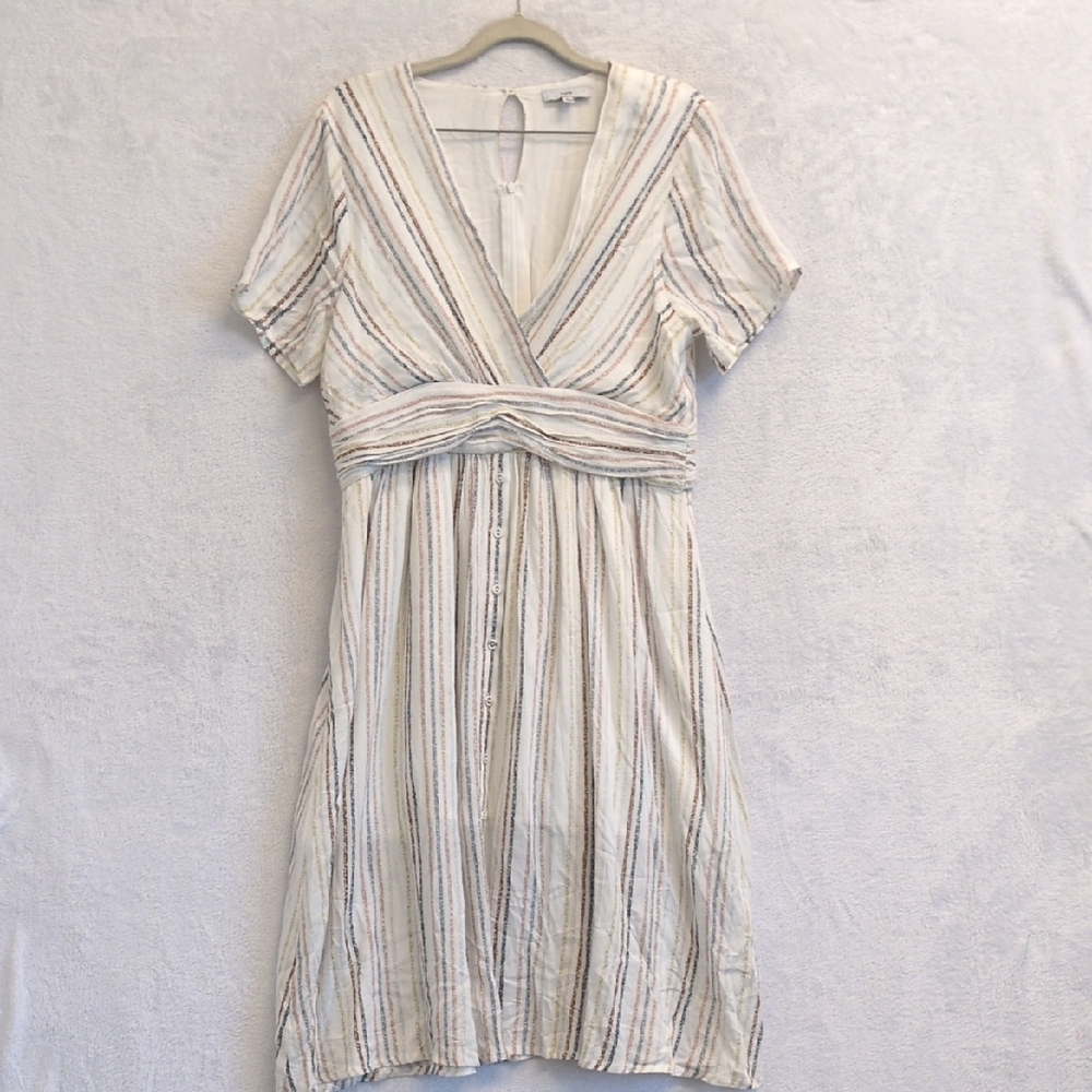 FATE Women's Striped Neutral Short Sleeve Midi Dress Size L